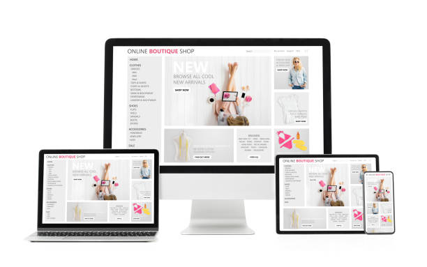 Adaptive and responsive web design concept showing sample website on different tech gadgets and screen sizes. Isolated on white